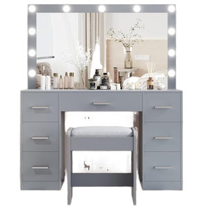 Tocador de Maquillaje Moderno Wenfeng para Mujer Gris OEM/ODM con Taburete, Espejo Iluminado, 3 Modos de Iluminación y Brillo Ajustable - Product Image 5