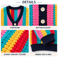 Cardigan en crochet personnalisé pour femme, motif arc-en-ciel, boutons sur le devant, manches longues bouffantes, manteau en tricot pour un style décontracté au quotidien