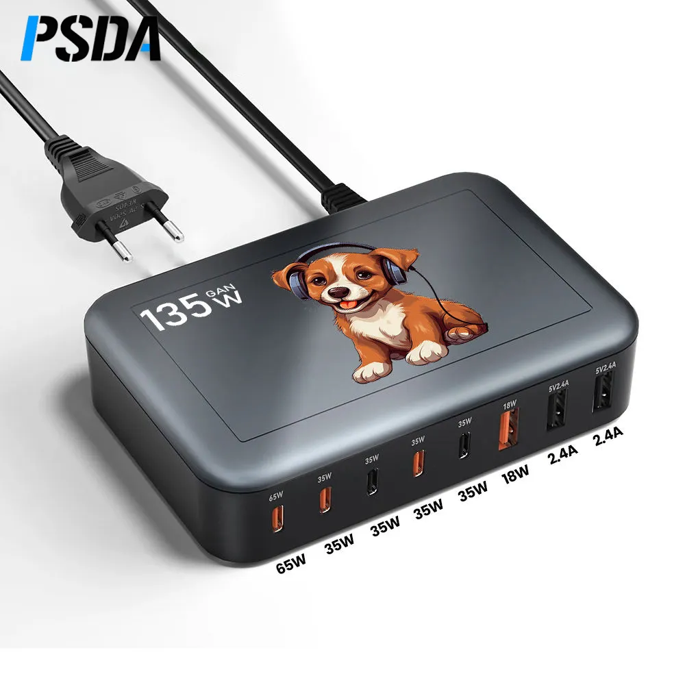 PSDA 3D GaN 135W Fast Charger 8-Port USB C Charging Power Station with 65W 35W PD3.0 18W QC3.0 for MacBook Phone 15 Samsung
