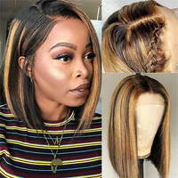 Perruque Lace Closure Wig brésilienne Remy lisse 4x4 HD, cheveux naturels à reflets blonds miel 4/27 colorés pour femmes noires