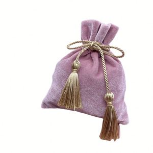 Pochette à bijoux en velours rose avec cordon de serrage à pompon, pochette de mariage, sac cadeau, trousse de maquillage - Product Image 1