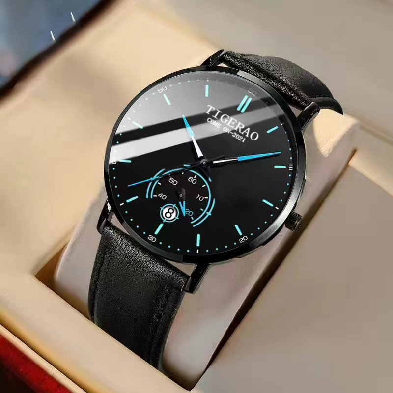 056 black leather blue needle-imported movement