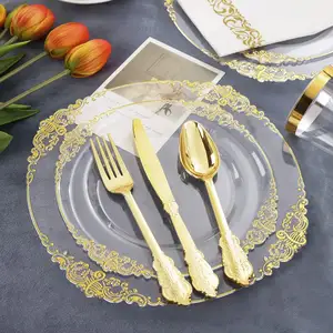 Роскошные прозрачные золотые розовые кружевные тарелки, тарелки премиум класса, пластиковые зарядные тарелки, набор свадебных одноразовых обеденных тарелок
