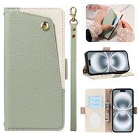 Dompet Kulit PU Motif Leci Mewah, Kompatibel untuk iPhone 18 17 16 Pro Max, Penutup Lipat dengan Slot Kartu dan Tali Pergelangan Tangan