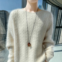 Herbst Winter Neuer Damen-Pullover Locker Sitzend Rundhals Zopfmuster Dick Kurz Einfarbig Wolle & Nerzvelours Koreanischer Stil