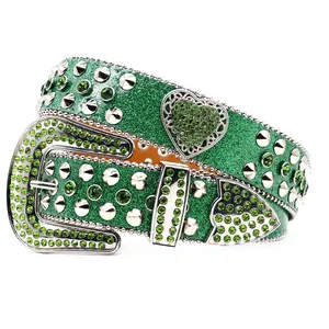 Thời Trang Sang Trọng Nhà Máy Tùy Chỉnh Người Đàn Ông Của Phương Tây Pha Lê Studded PU Phụ Nữ Da Rhinestone Thắt Lưng Với Hợp Kim Khóa