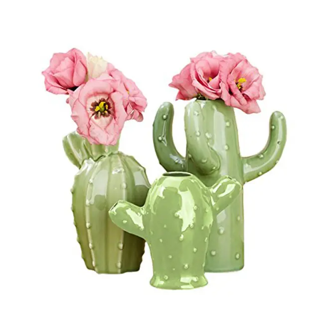 Vente en gros lot de 3 vases assortis bourgeon vert cactus vase intérieur en céramique pour table de table étagère salon bureau