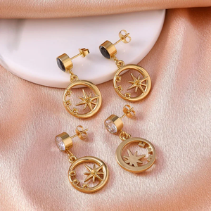 Pendientes Redondos con Diseño Elegante, Placa de Estrella de Acero Inoxidable 304 Dorado, Hipoalergénicos, Perfectos para Mujer - Product Image 1