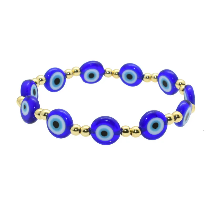 Braccialetto elastico per occhi grandi blu turco in resina con perline di rame placcato oro fatto a mano per le donne