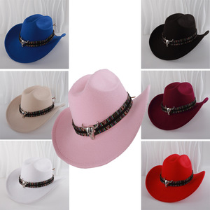 Sombrero de vaquero con banda colorida y hebilla de calavera de toro, accesorio de moda de ala ancha para hombres y mujeres, para uso al aire libre - Product Image 3