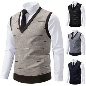 Vêtements personnalisés, pull classique à col en V, tricot rayé, sans manches, pull-over, automne hiver, chaud, respirant, débardeur pour homme, pull épais - Product Image 2