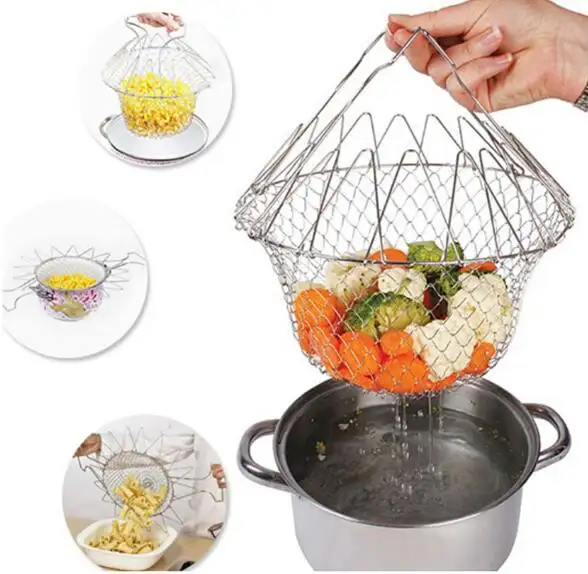 Kitchen Basket, 304 Stainless Steel Foldable Steam Rinse Strain Fry Basket Strainer Net Kitchen Cooking Tool for Fried Food