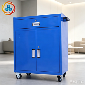 Blue Lockable Tool Cabinet Rolling Storage Locker with <b>Wheels</b> <b>Drawer</b> Double Door Workshop Organizer - Product Image 4