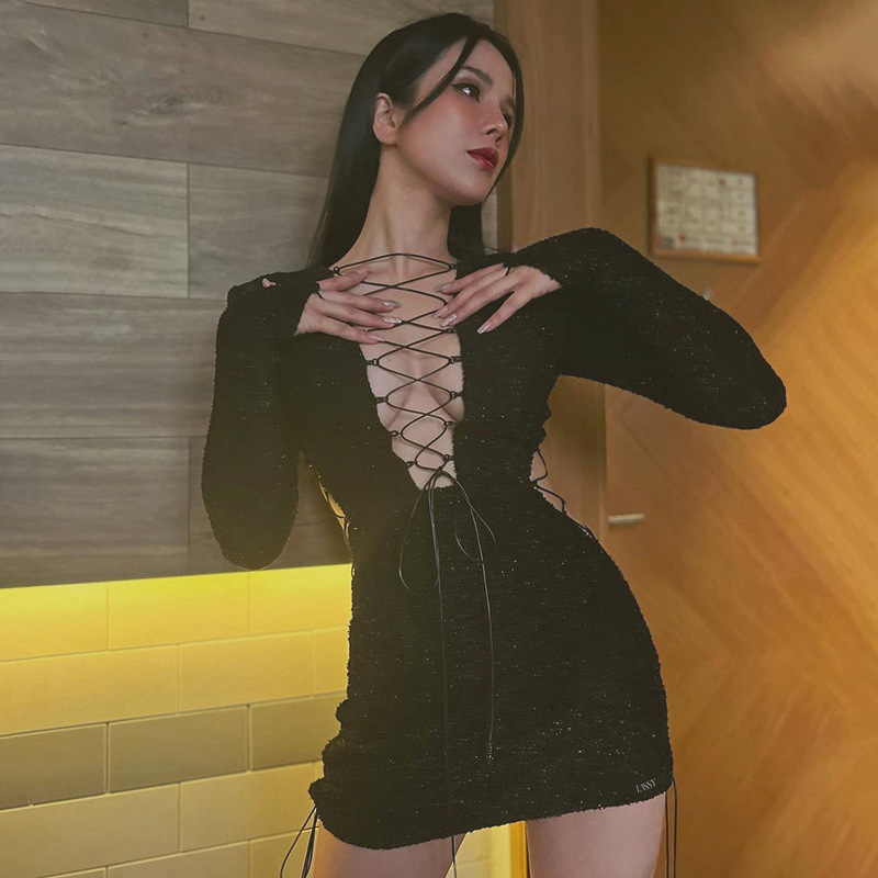 Женское кружевное платье с длинным рукавом, черное облегающее платье с глубоким V-образным вырезом и высокой талией, осень 2022