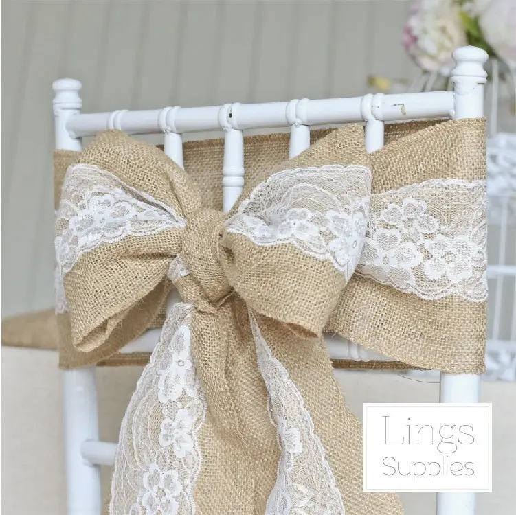 Elegant natural jute hessian wedding lace sashes for chairs