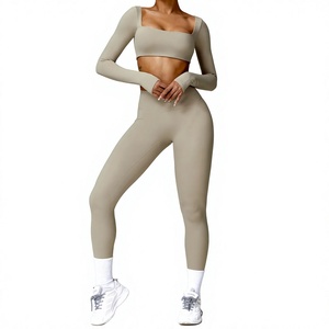 <b>Pink</b> 2-Piece Yoga Set Square Neck Long Sleeve Crop Top High Waist <b>Leggings</b> Seamless Activewear Full Length Solid Color - Product Image 4