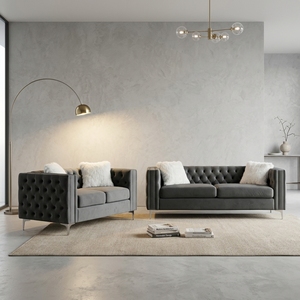 Juego de Sofás de Terciopelo Ecológico de Diseño Europeo Moderno, Muebles Grises para Sala de Estar, 3+2 Plazas con Cojines Blancos - Product Image 5