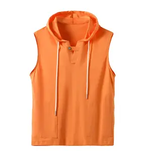 Newest Custom Cotton Spandex Blend Men's Hoodie Vest Solid Color Sleeveless V-neck Sweatshirts Men's Hoodie Vest