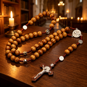 Collier religieux catholique en bois avec perles et croix plaquée argent, en alliage ABS/Zinc, mini perles phosphorescentes, vente en gros, pièce maîtresse - Product Image 4
