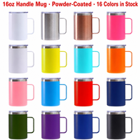 Mug à café de 16 oz avec poignée, en acier inoxydable, revêtement poudré, avec couvercle, 16 couleurs en stock, approvisionnement en gros pour café, hôtel, entreprise