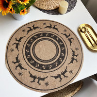 Ensemble de 5 sets de table ronds en jute tissé marron, style campagnard, imprimé Noël, fabriqués en Chine