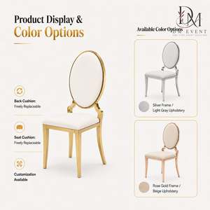 Chaise de banquet ovale de luxe en acier inoxydable doré avec dossier à volutes et coussin blanc pour la location d'événements hôteliers - Product Image 3
