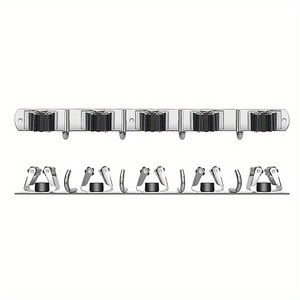 5 supports avec 4 crochets, porte-balais et porte-serpillères argenté, organisateur d'outils de <span class=keywords><strong>jardin</strong></span> et de cuisine, 4 supports, fixation murale - Product Image 3