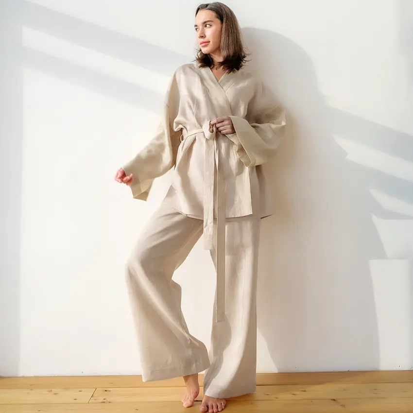Nouveautés automne 2023 2 pc luxe vêtements de détente coton lin vêtements de nuit pour femmes à manches longues kimono robe pyjama ensemble