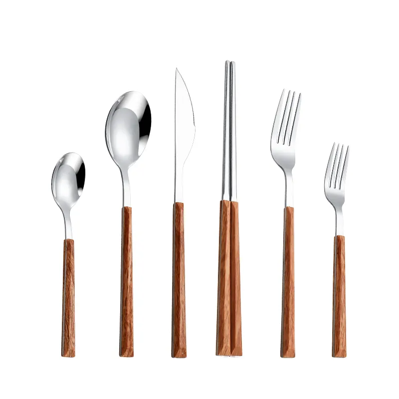 Plastic Bamboo Wood Texture Handle Silverware Cutlery Set Korean Noodles Style Modern Chopsticks Spoon Fork Knife