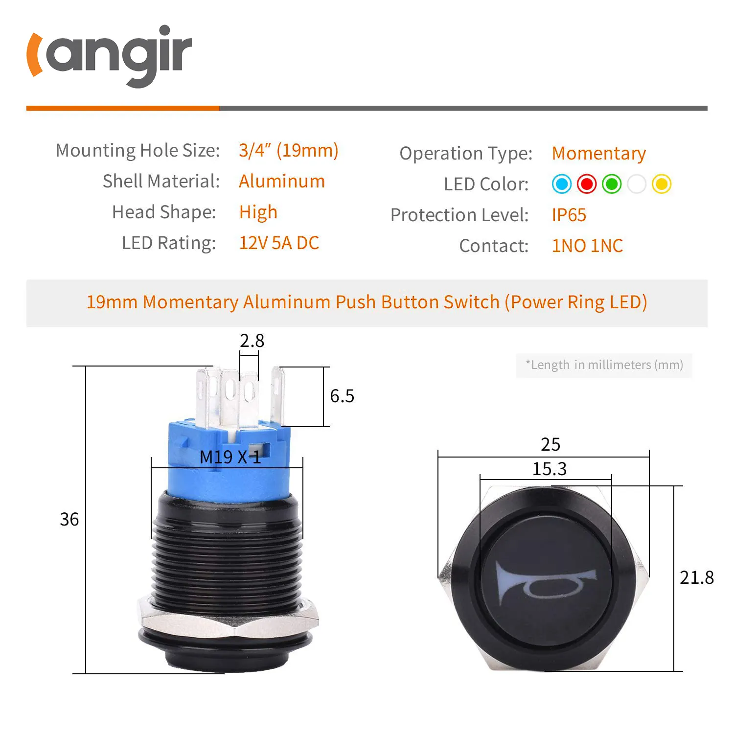 12V LED 10mm sakelar tombol tekan mainan mobil 2,4 GP 19mm Speaker rentang jam klakson Pucar disertai/off logam hadiah baru 5A/12V