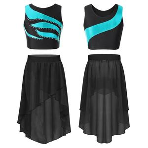 Costume de scène pour filles de 6 à 14 ans, haut court avec jupe en mousseline, ensembles pour la danse, la gymnastique, les compétitions, les spectacles scolaires - Product Image 3