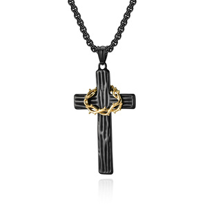 yunnique retro thorn wreath <b>titanium</b> steel cross necklace for men, artistic niche design, high-end pendant manufact - Product Image 1
