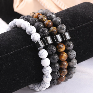 Bracelet en pierre naturelle, perles d'agate de 8mm, bande élastique, bijoux unisexes, cadeau, marron, blanc, noir, roche volcanique, forme de boule ronde - Product Image 1