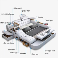 Limlamlim Tech Modernes Smart-Bett in King-Size mit Echtlederbezug, Multifunktions-Plattformbettrahmen mit Beamer und Luftreiniger