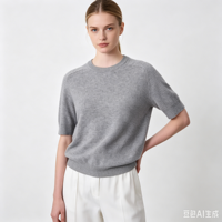 T-shirt en cachemire pur pour femme, col rond, couleur unie, manches courtes, coupe ample, doux, luxueux, tricoté, basique, pour le bureau ou décontracté