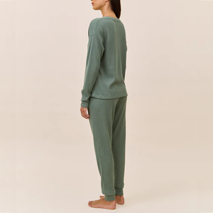 Ensemble de pyjama en tricot gaufré pour femme, haut personnalisé <span class=keywords><strong>à</strong></span> col en V et manches longues avec pantalon de jogging <span class=keywords><strong>à</strong></span> cordon de serrage, vêtements de détente confortables - Product Image 4