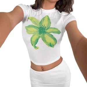 T-Shirt Estiva Sexy Personalizzata Y2K per Ragazze Audaci, Verde con Stampa Floreale, Aderente, Manica Corta, Collo Tondo, in Cotone e Spandex - Product Image 6