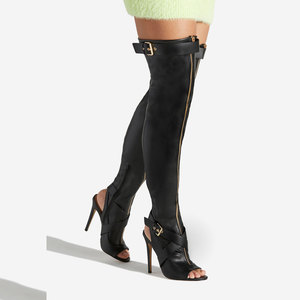 Stivali Alti da Donna con Cerniera Frontale, Elasticizzati, Estivi, con Fibbia a Cinghia Incrociata, Sopra il Ginocchio, Punta Aperta, Tacco Alto, Scarpe Camouflage - Product Image 5