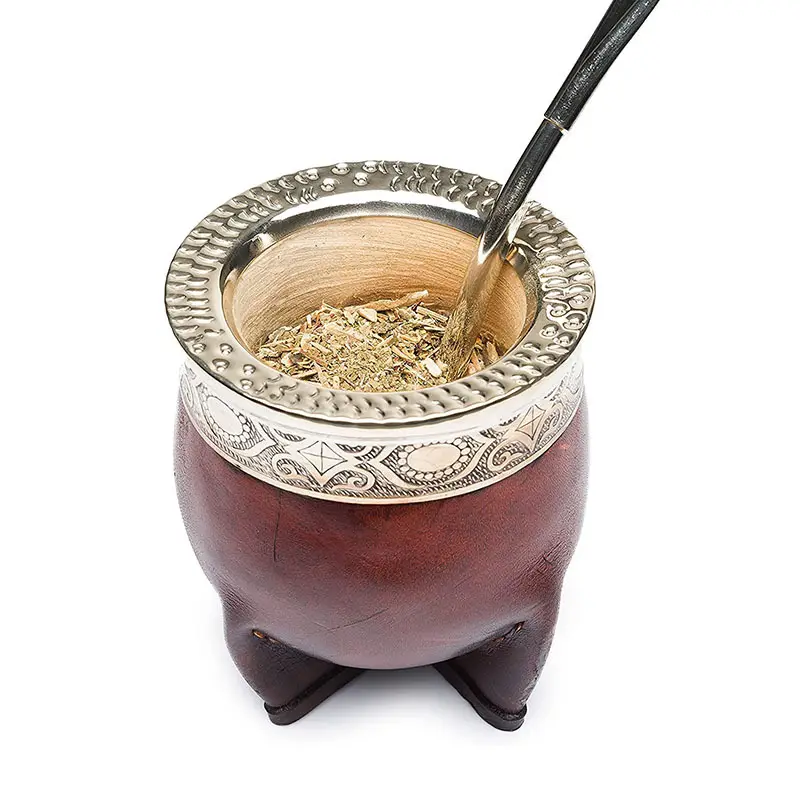 8oz Double Walled Yerba Mate Cup with Leather Shell Insulated Gourd Mate Tea Cup with Bombilla Straw Set Coffee Mug