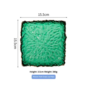 Creative Gold-Edged Colored Glass Square <strong>Disposable</strong> <strong>Plate</strong> Hammered Texture Modern Plant Pattern Ice Tray Snack Dried Fruit - Product Image 6