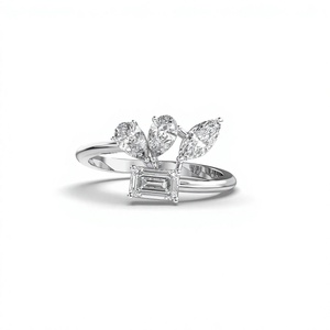 Anillo de compromiso de lujo botánico de oro blanco de 14K con diamantes cultivados en laboratorio de 1.50 CTW de formas mixtas (esmeralda, pera, marquesa) para mujer - Product Image 1