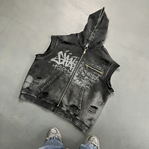 Sweat-shirt à capuche en polyester personnalisé, design <span class=keywords><strong>vierge</strong></span>, streetwear <span class=keywords><strong>de</strong></span> luxe surdimensionné, sans manches, fermeture éclair, pour adultes - Product Image 2