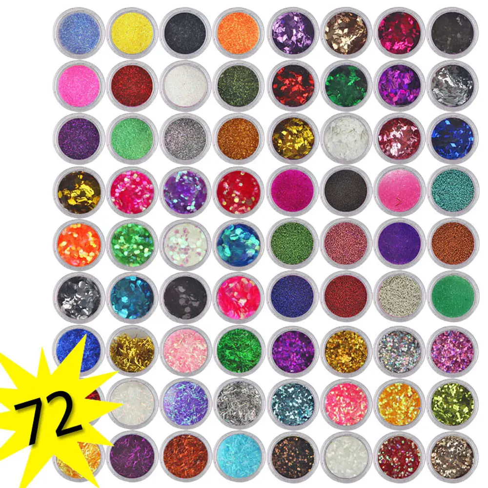 Paillettes pour ongles acryliques, 72 couleurs, 1 ensemble, à la mode, pour femmes, casual, Art des ongles, poudre UV, vernis, beauté, Art des ongles