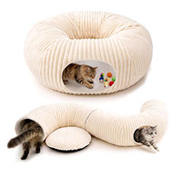 Lit tunnel pour chat 2-en-1 avec coussin en peluche, tunnel interactif pliable pour chat