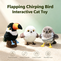 Jouet pour chat en peluche interactif, oiseau qui bat des ailes et chante, activé par le toucher, rechargeable, avec herbe à chat pour chats d'intérieur