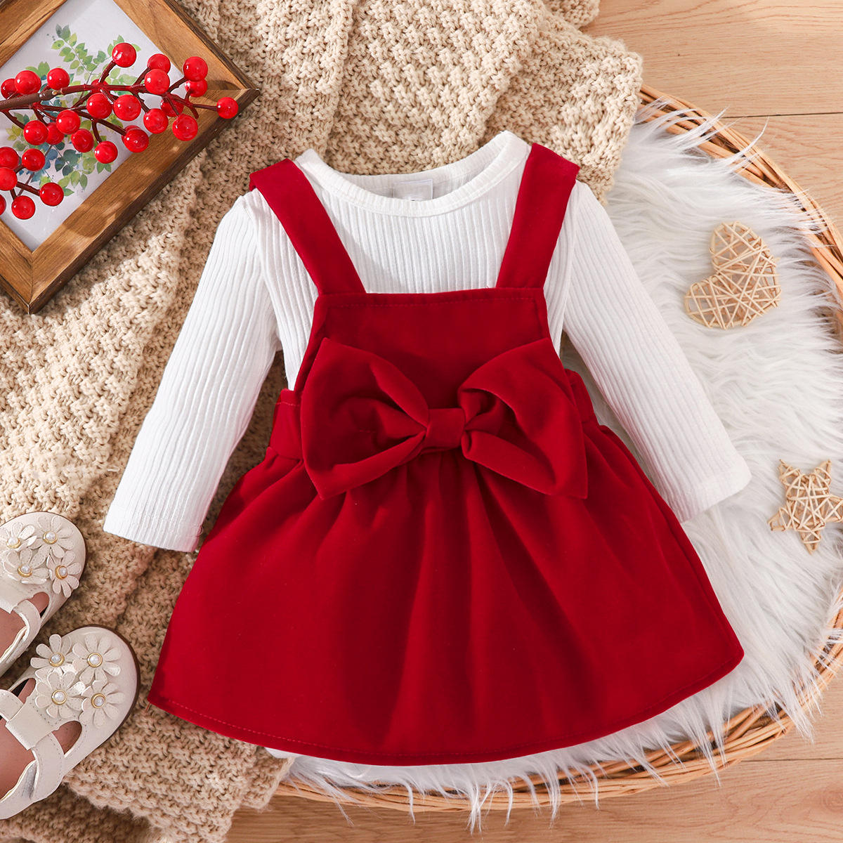 Vestidos De Bebê Recém-nascido Natal Com nervuras Romper De Malha