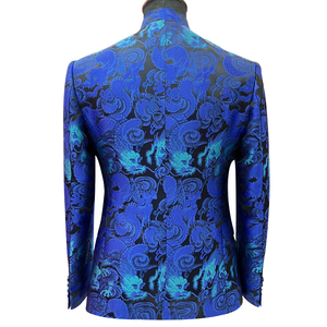 Men's Chinese <strong>Blue</strong> <strong>Dinner</strong> Dress Suit <strong>Jacket</strong> Dragon Pattern Woven Gold Jacquard Satin Waterproof Anti-Static Pleated Standing - Product Image 3