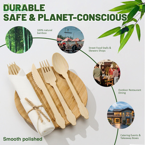 Juego de <span class=keywords><strong>Cubiertos</strong></span> Desechables de Bambú y Servilletas Pre-enrolladas, Tenedores, Cuchillos, Cucharas, Servilletas Biodegradables Envueltas para Fiestas y Bodas - Product Image 3