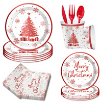 Ensemble de vaisselle pour fête de Noël, assiettes en papier rouges, gobelets, serviettes, couverts, nappe, bannière