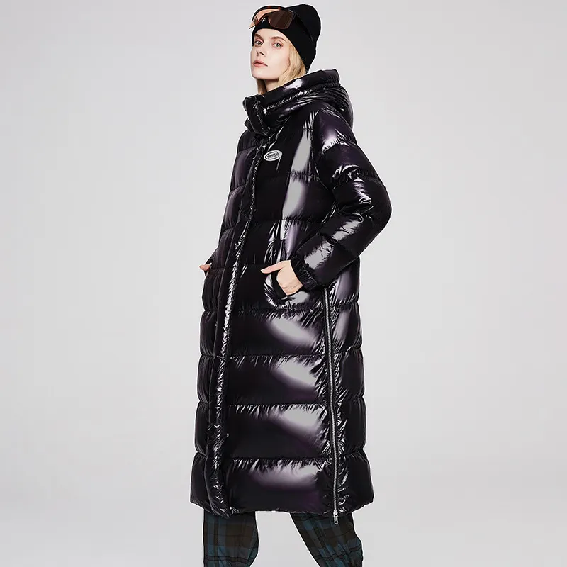 2024 moda brillante con capucha señoras invierno negro piel abajo abrigo hasta la rodilla acolchado abrigo abajo chaqueta Parke4